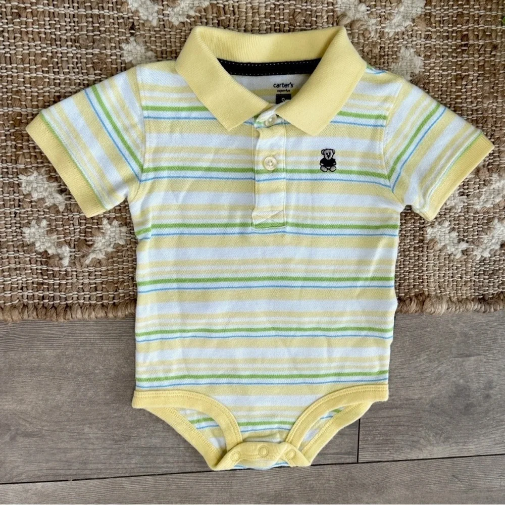Y2K Carter’s Striped Collared Polo Outfit Teddy Bear Bodysuit 3 Months Baby Boy